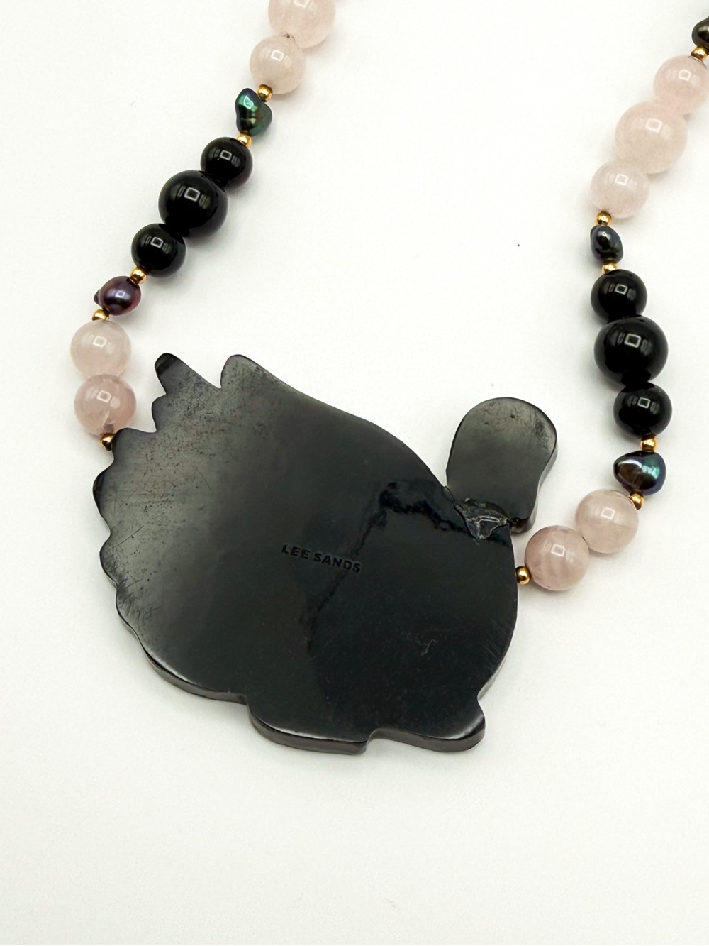 🦢 Lee Sands 🦢 Swan MOP Shell Inlay Pendant Pink and Black Beaded Necklace - Picture 4 of 10